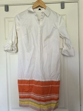 Ann Taylor white collared shirt dress orange striped border hemline Size Small